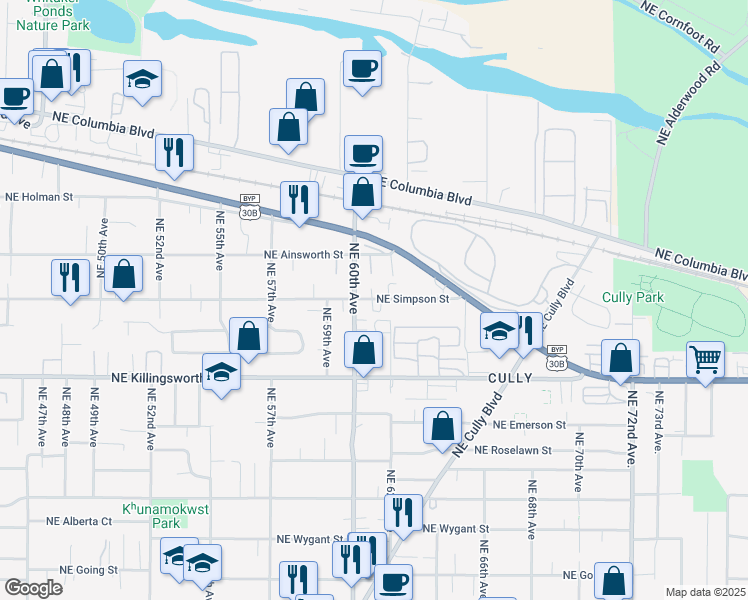 map of restaurants, bars, coffee shops, grocery stores, and more near 6119 Northeast Simpson Street in Portland