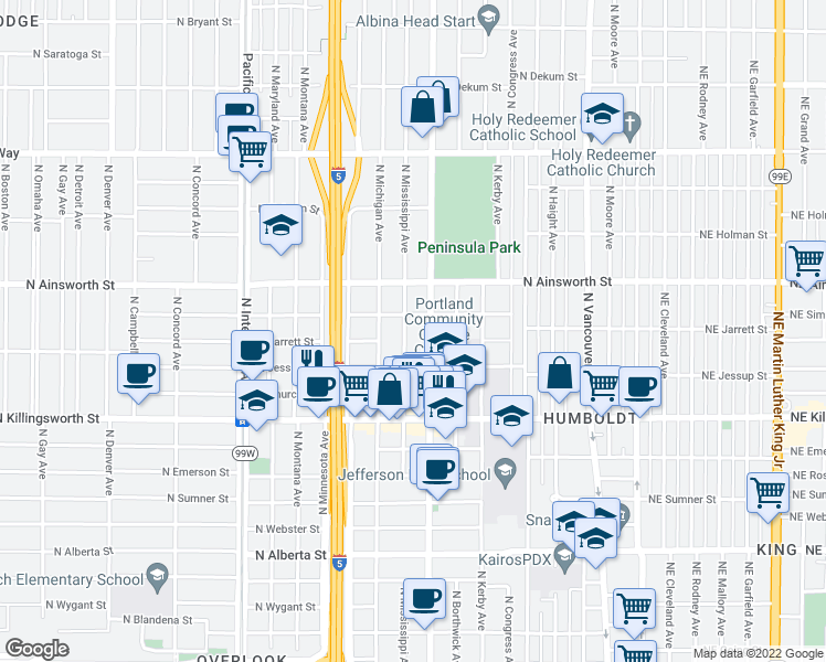 map of restaurants, bars, coffee shops, grocery stores, and more near 834 North Simpson Street in Portland