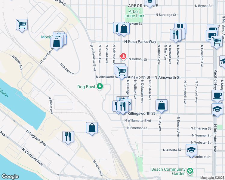 map of restaurants, bars, coffee shops, grocery stores, and more near 2985 North Willamette Boulevard in Portland