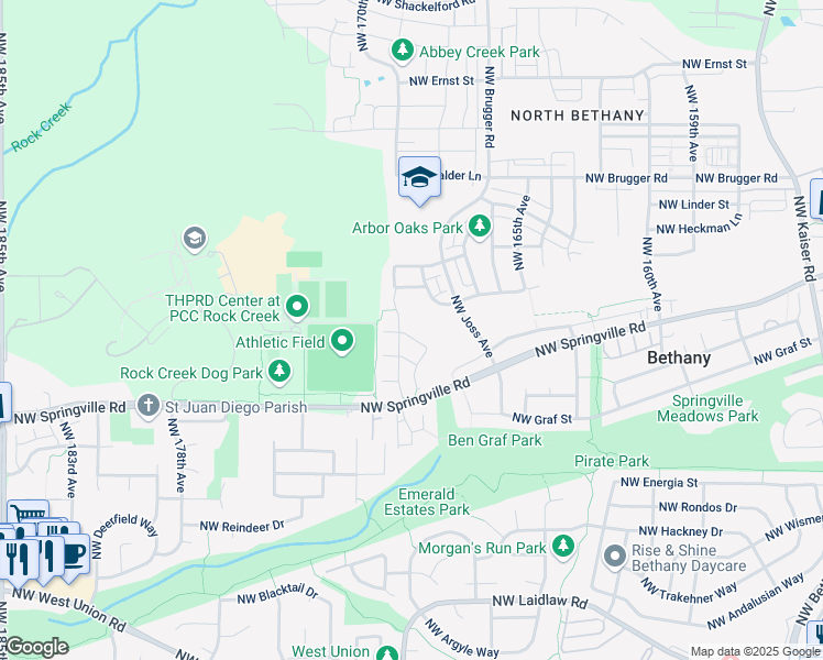 map of restaurants, bars, coffee shops, grocery stores, and more near 17075 Northwest Springville Road in Portland