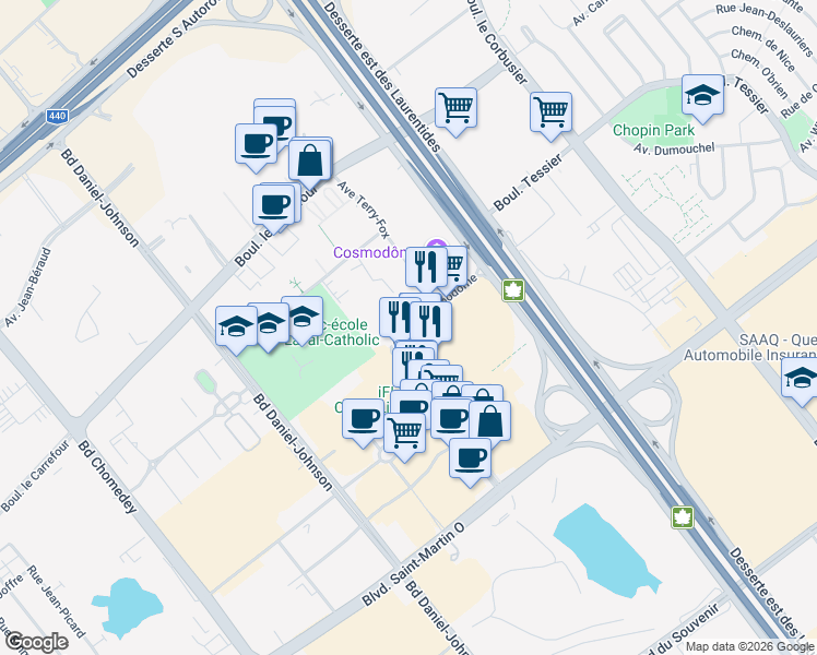 map of restaurants, bars, coffee shops, grocery stores, and more near 2835 Avenue du Cosmodôme in Laval