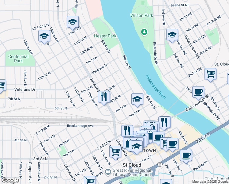 map of restaurants, bars, coffee shops, grocery stores, and more near 525 7th Avenue North in St. Cloud