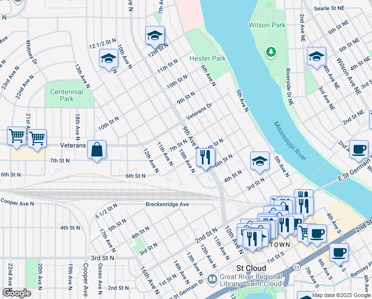 map of restaurants, bars, coffee shops, grocery stores, and more near 627 9th Avenue North in St. Cloud