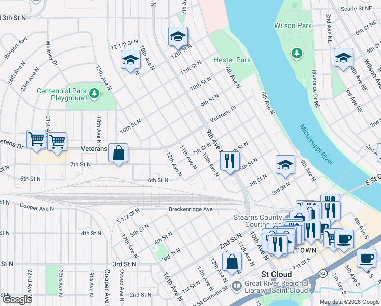 map of restaurants, bars, coffee shops, grocery stores, and more near 709 10th Avenue North in St. Cloud