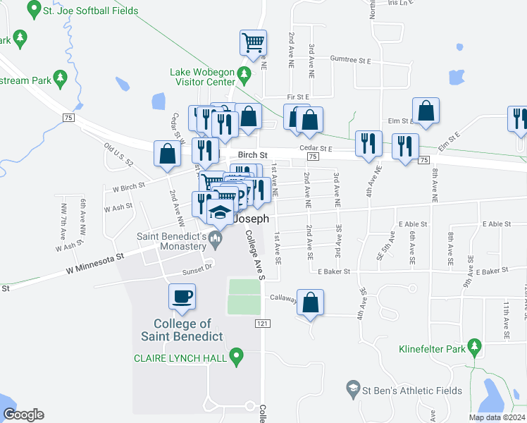 map of restaurants, bars, coffee shops, grocery stores, and more near 30 Ash Street East in Saint Joseph