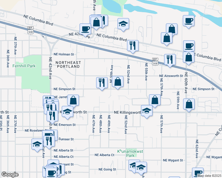 map of restaurants, bars, coffee shops, grocery stores, and more near NE 50th Ave & NE Simpson St in Portland