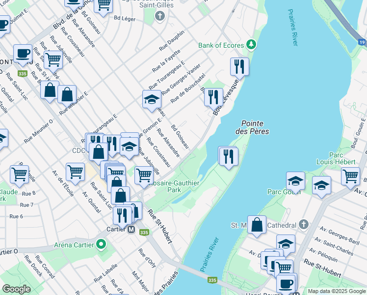 map of restaurants, bars, coffee shops, grocery stores, and more near 20 Boulevard Goineau in Laval