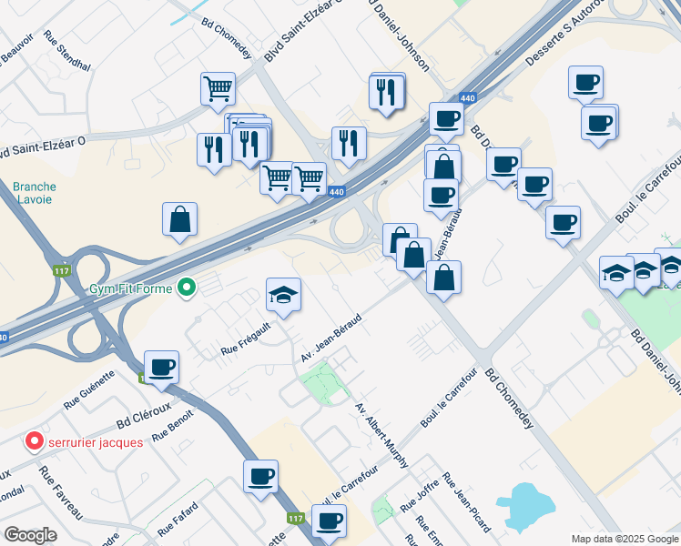 map of restaurants, bars, coffee shops, grocery stores, and more near 3647 Avenue Jean-Béraud in Laval