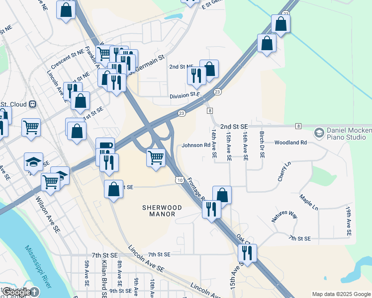 map of restaurants, bars, coffee shops, grocery stores, and more near 340 U.S. 10 in St. Cloud