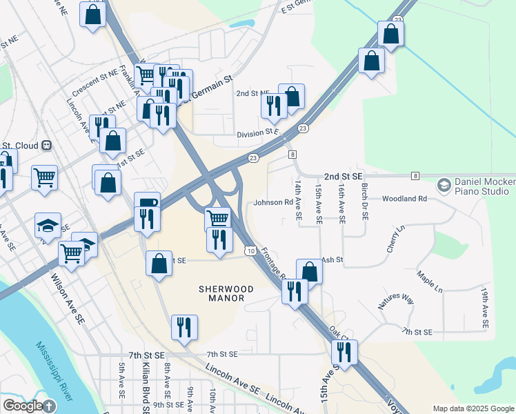 map of restaurants, bars, coffee shops, grocery stores, and more near 340 U.S. 10 in St. Cloud