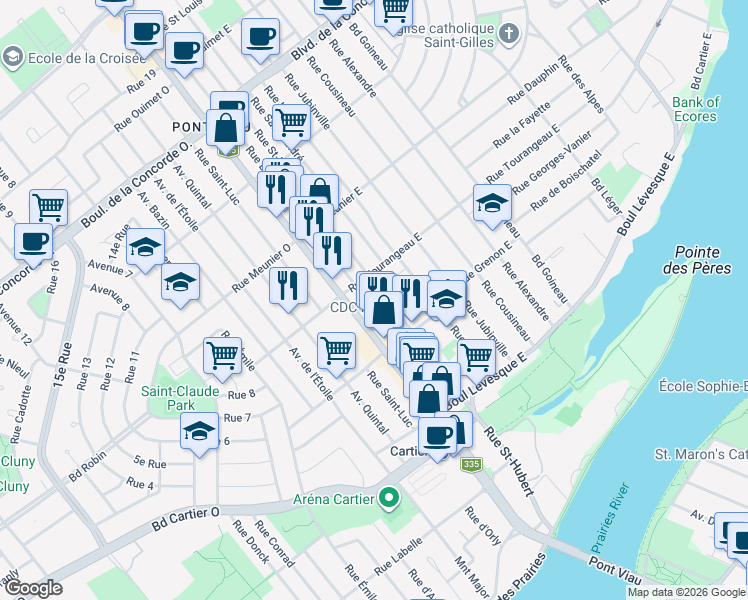 map of restaurants, bars, coffee shops, grocery stores, and more near 233 Rue de Berri in Laval