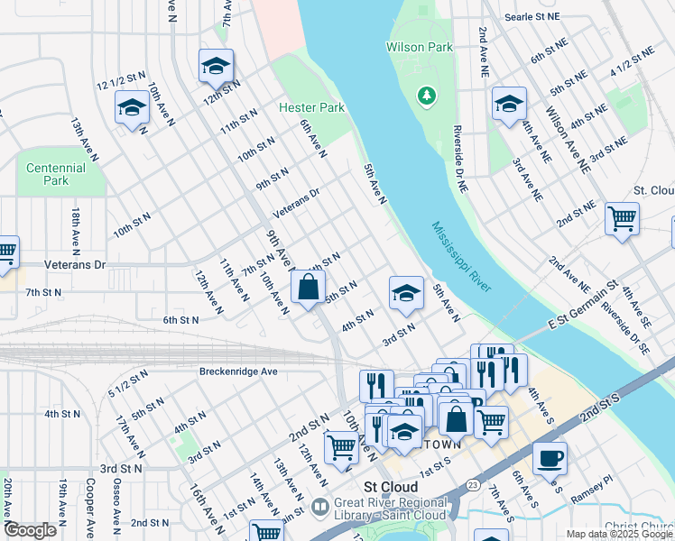 map of restaurants, bars, coffee shops, grocery stores, and more near 510 8th Avenue North in Saint Cloud