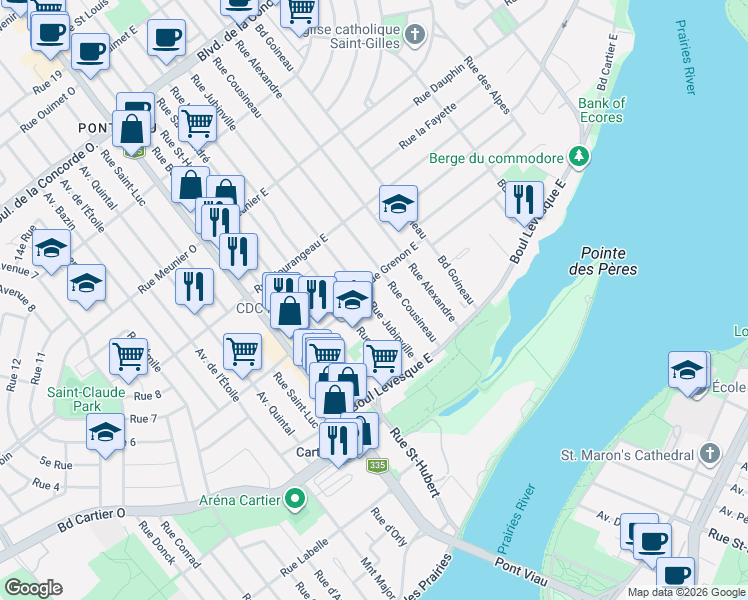 map of restaurants, bars, coffee shops, grocery stores, and more near 73 Rue Jubinville in Laval