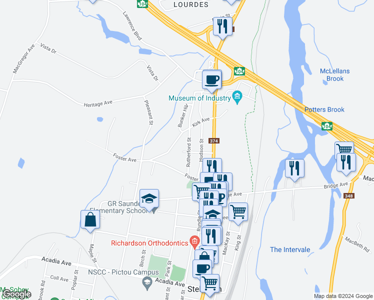 map of restaurants, bars, coffee shops, grocery stores, and more near 156 Rutherford Street in Stellarton