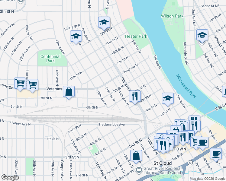 map of restaurants, bars, coffee shops, grocery stores, and more near 709 10th Avenue North in St. Cloud