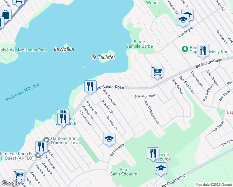 map of restaurants, bars, coffee shops, grocery stores, and more near in Laval