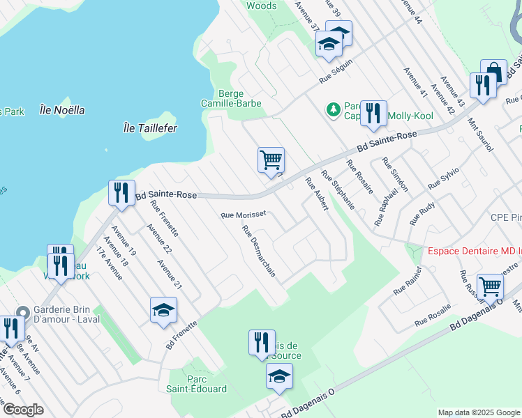 map of restaurants, bars, coffee shops, grocery stores, and more near 4287 Rue Morisset in Laval