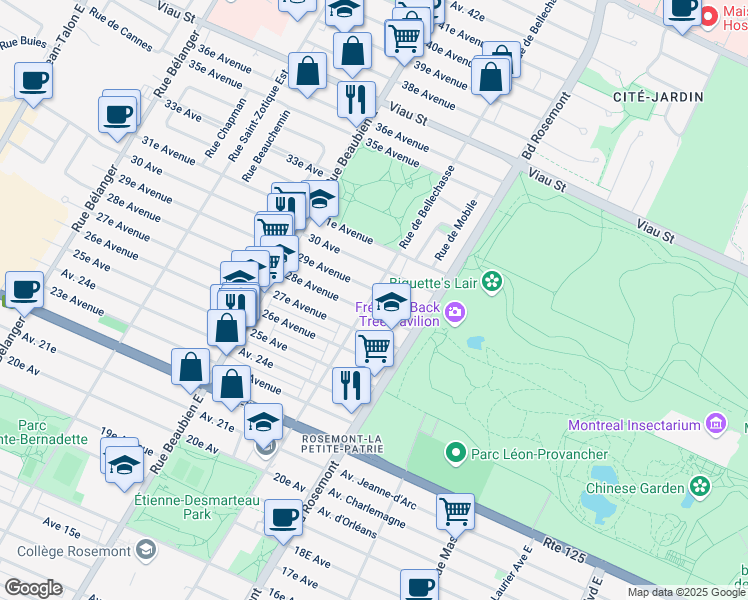 map of restaurants, bars, coffee shops, grocery stores, and more near 4470 Rue de Bellechasse in Montréal