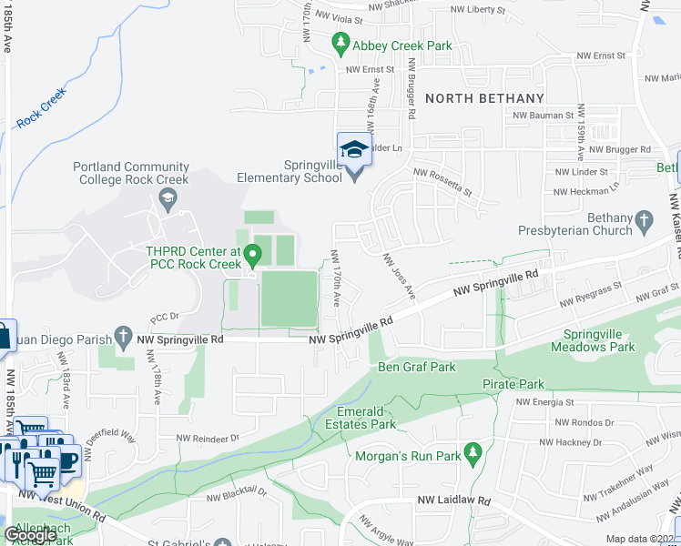 map of restaurants, bars, coffee shops, grocery stores, and more near 17075 Northwest Springville Road in Portland