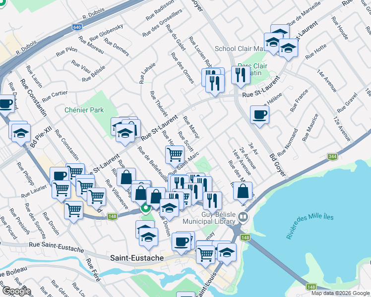 map of restaurants, bars, coffee shops, grocery stores, and more near 194 Rue Scott in Saint-Eustache