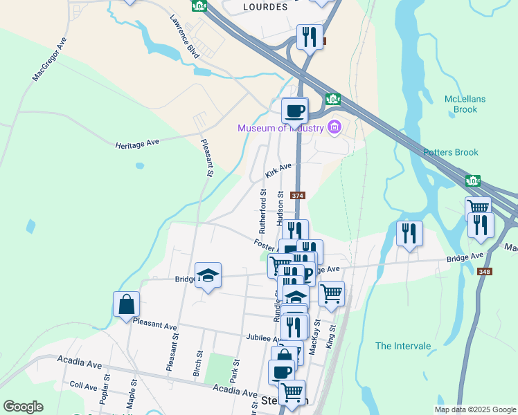 map of restaurants, bars, coffee shops, grocery stores, and more near 154 Rutherford Street in Stellarton