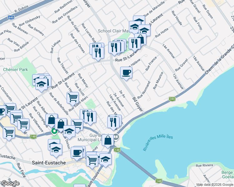 map of restaurants, bars, coffee shops, grocery stores, and more near 141 2e Avenue in Saint-Eustache