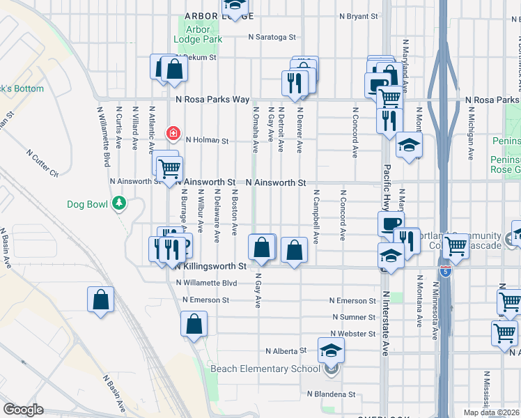 map of restaurants, bars, coffee shops, grocery stores, and more near 5825 North Gay Avenue in Portland