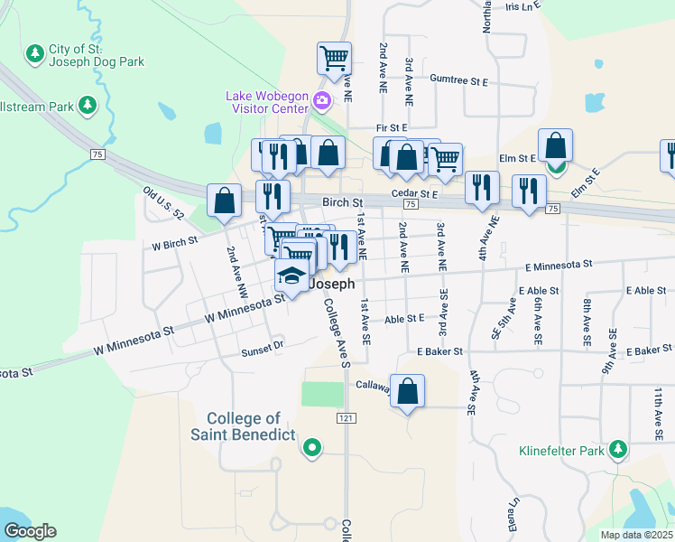 map of restaurants, bars, coffee shops, grocery stores, and more near 30 Ash Street East in Saint Joseph