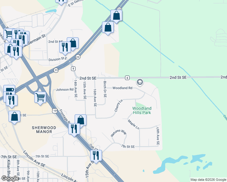map of restaurants, bars, coffee shops, grocery stores, and more near 1708 Woodland Road in St. Cloud