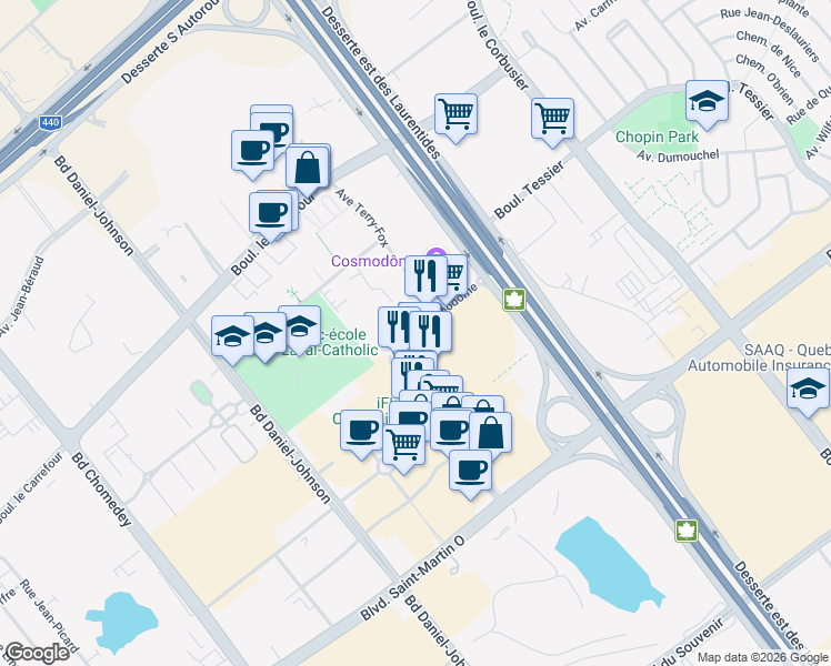 map of restaurants, bars, coffee shops, grocery stores, and more near 2815 Avenue du Cosmodôme in Laval