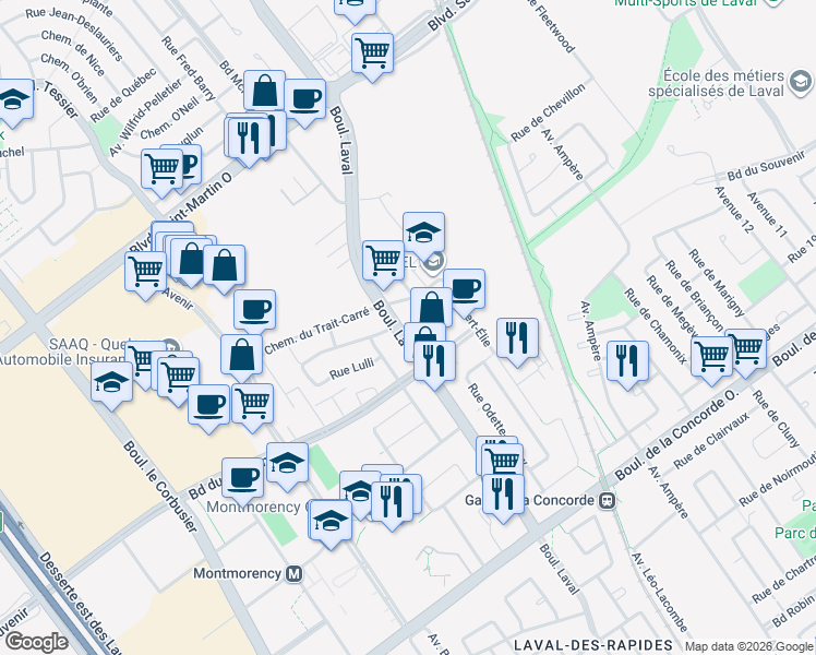 map of restaurants, bars, coffee shops, grocery stores, and more near 665 Boulevard Laval in Laval