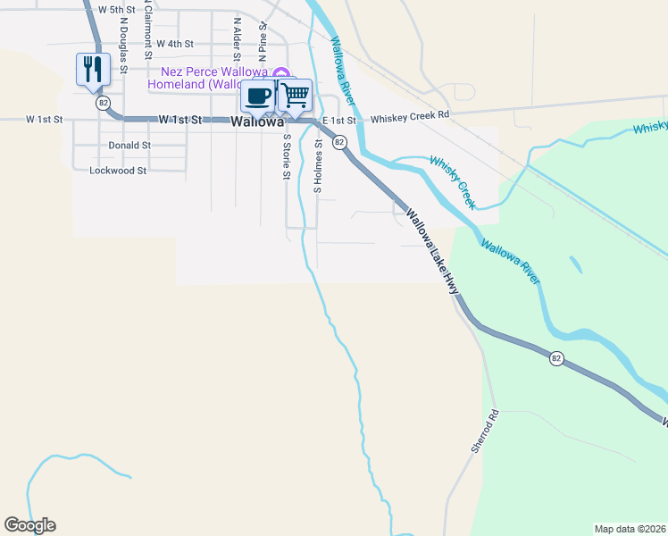 map of restaurants, bars, coffee shops, grocery stores, and more near 601 South Holmes Street in Wallowa
