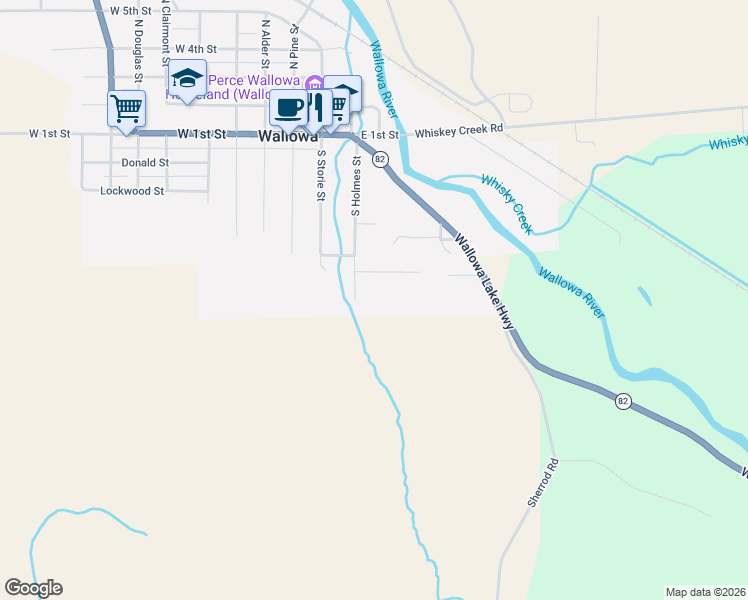 map of restaurants, bars, coffee shops, grocery stores, and more near 601 South Holmes Street in Wallowa