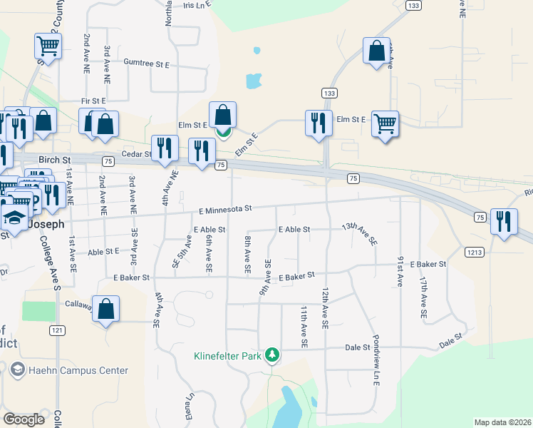 map of restaurants, bars, coffee shops, grocery stores, and more near 810 East Minnesota Street in Saint Joseph