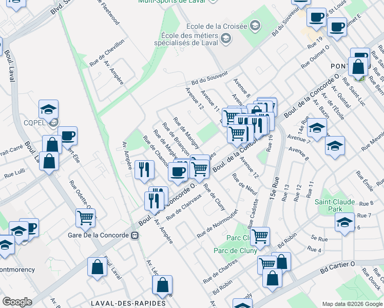 map of restaurants, bars, coffee shops, grocery stores, and more near 535 Rue de Briançon in Laval