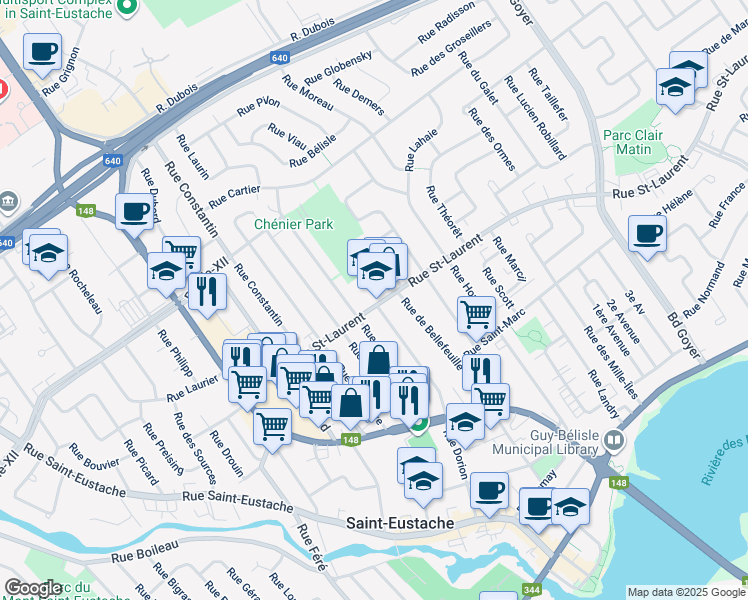 map of restaurants, bars, coffee shops, grocery stores, and more near 43 Rue Saint-Laurent in Saint-Eustache