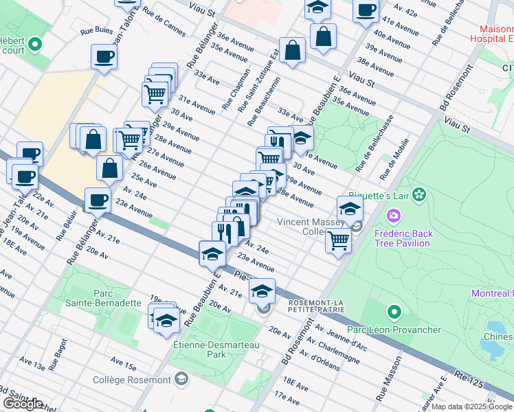 map of restaurants, bars, coffee shops, grocery stores, and more near 4357 Rue Beaubien Est in Montreal