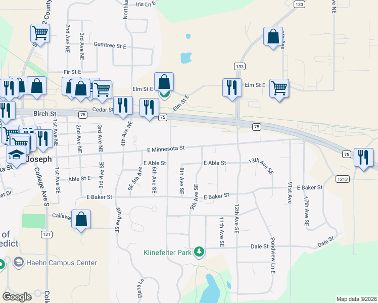 map of restaurants, bars, coffee shops, grocery stores, and more near 810 East Minnesota Street in Saint Joseph