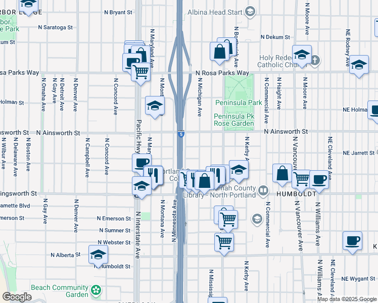map of restaurants, bars, coffee shops, grocery stores, and more near 1022 North Simpson Street in Portland