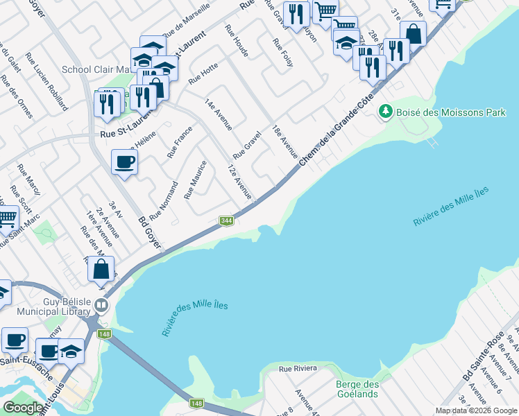 map of restaurants, bars, coffee shops, grocery stores, and more near 128 Chemin de la Grande-Côte in Saint-Eustache