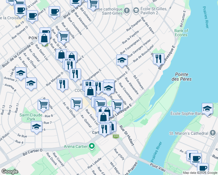 map of restaurants, bars, coffee shops, grocery stores, and more near 85 Rue Grenon Est in Laval