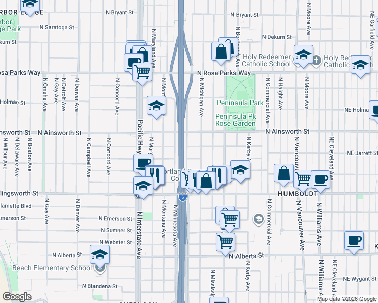 map of restaurants, bars, coffee shops, grocery stores, and more near 1022 North Simpson Street in Portland