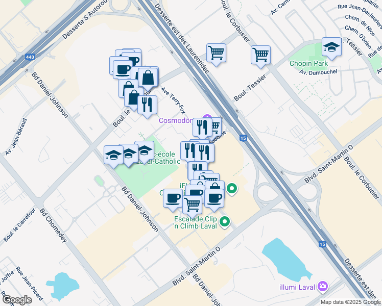map of restaurants, bars, coffee shops, grocery stores, and more near 2815 Avenue du Cosmodôme in Laval