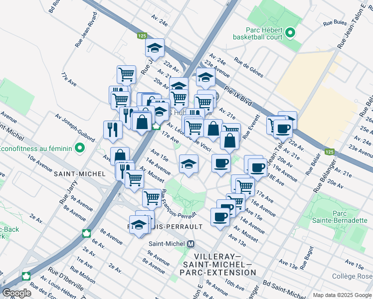 map of restaurants, bars, coffee shops, grocery stores, and more near 7600 17e Avenue in Montréal