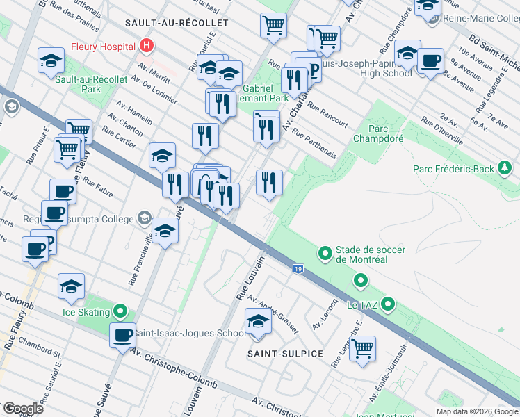 map of restaurants, bars, coffee shops, grocery stores, and more near 9450 Avenue Charton in Montréal