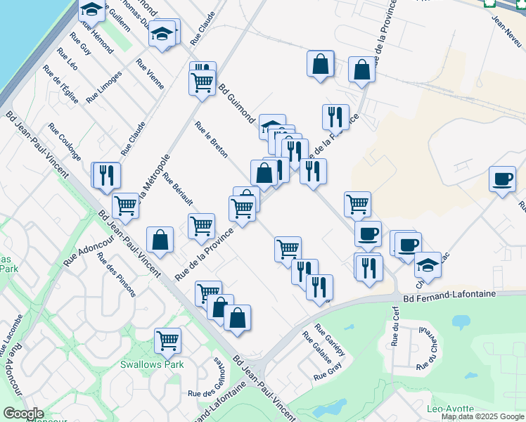 map of restaurants, bars, coffee shops, grocery stores, and more near 2184 Rue de la Province in Longueuil