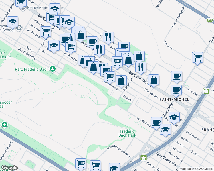 map of restaurants, bars, coffee shops, grocery stores, and more near 8530 8e Avenue in Montréal
