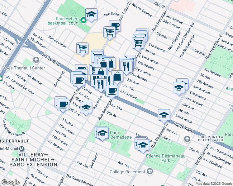 map of restaurants, bars, coffee shops, grocery stores, and more near 4146 Rue Bélanger in Montréal