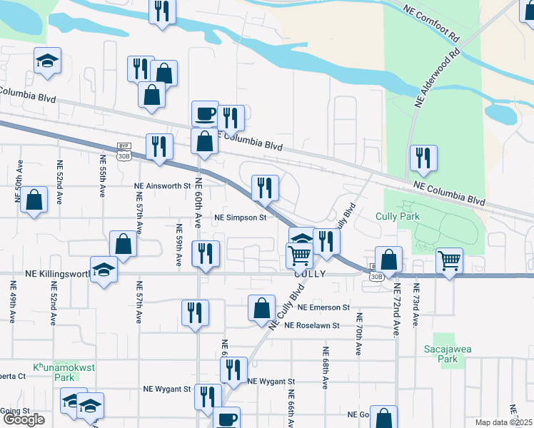 map of restaurants, bars, coffee shops, grocery stores, and more near 6420 U.S. 30 Bypass in Portland