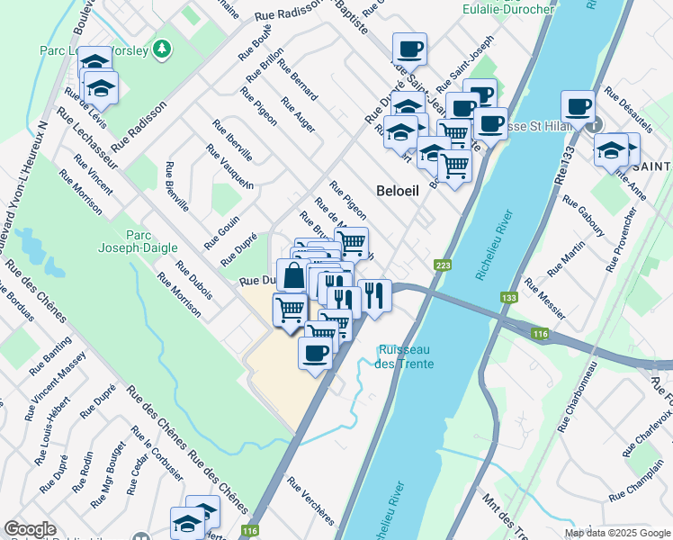 map of restaurants, bars, coffee shops, grocery stores, and more near 281 Rue Duvernay in Beloeil